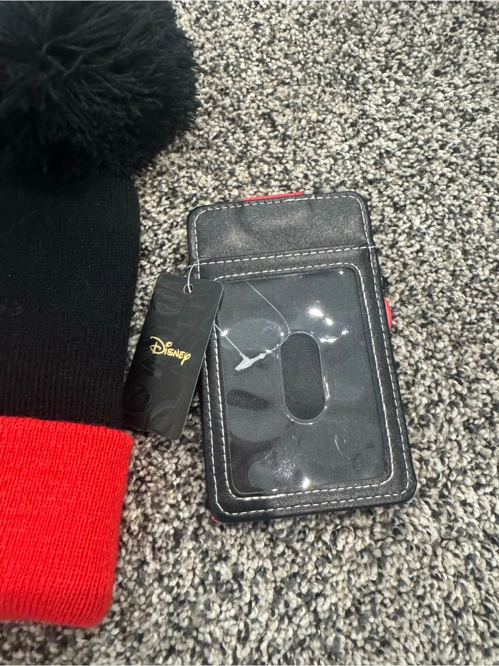 Disney Mickey Black & Red Pom Beanie for Kids and Wallet NWT